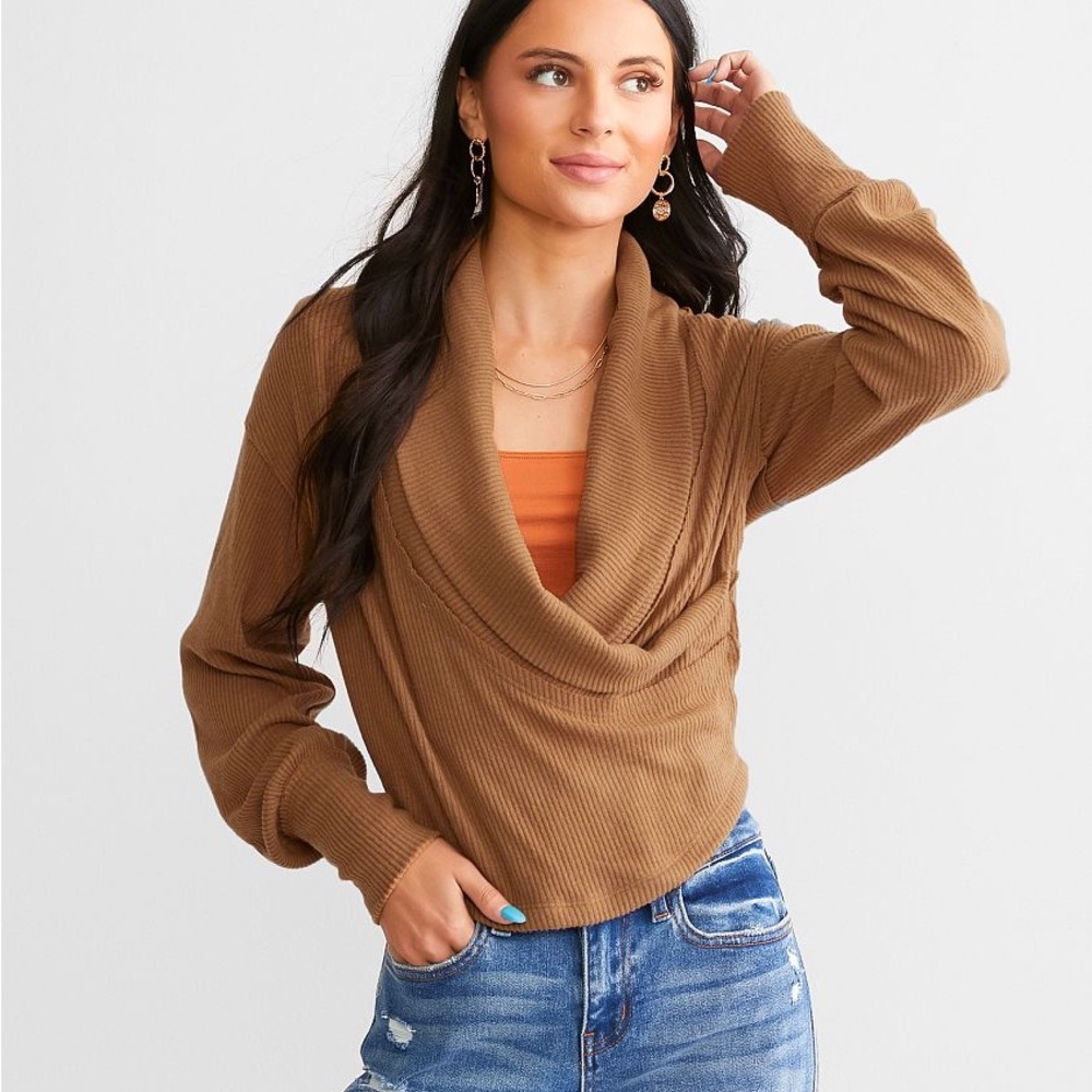 Free People Tan Cowl Neck Sweater, Hold Me Close style size extra small